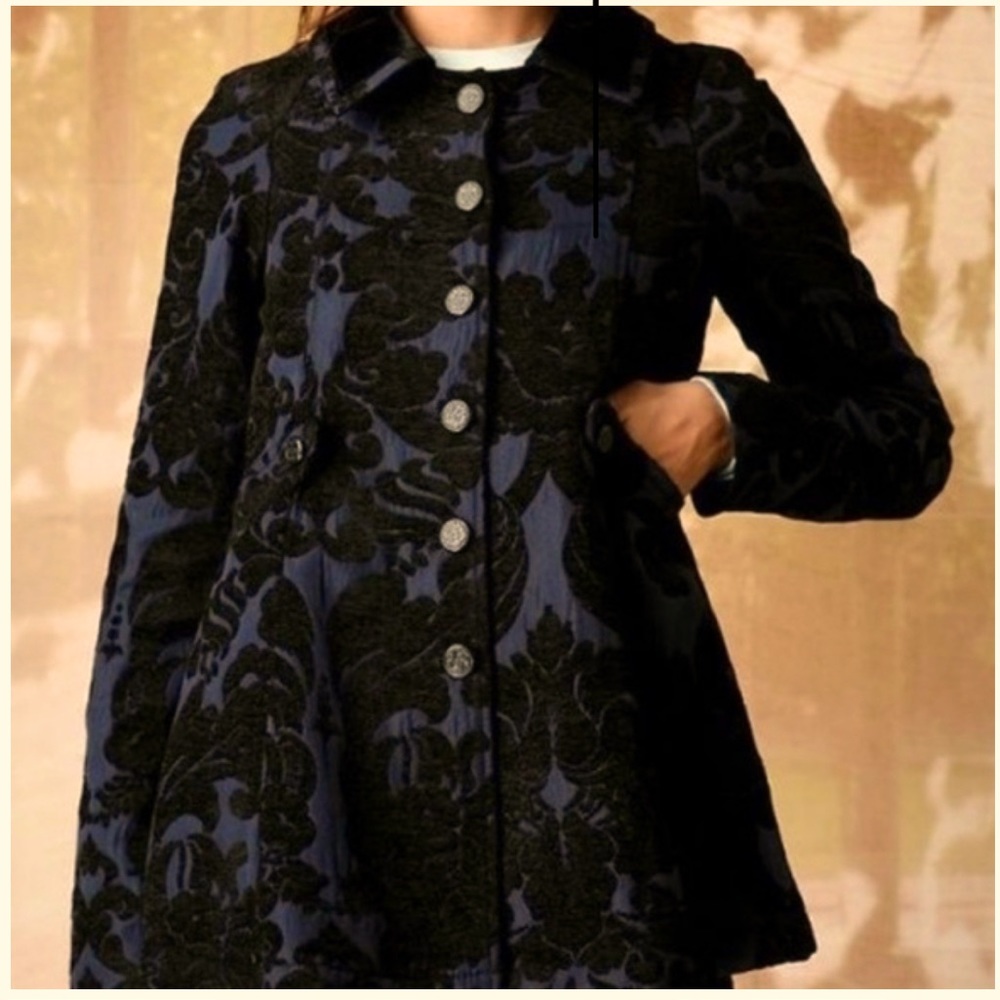 Free People Jacquard Brocade Blue and Black Velvet Paisley Victorian Jacket | 8